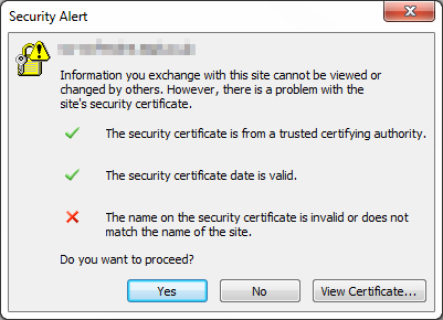 The name of the security certificate is invalid or does not match the name of the site