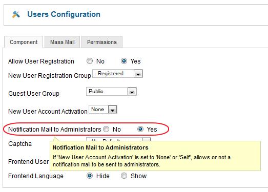 Joomla 2.5 User Manager > Options