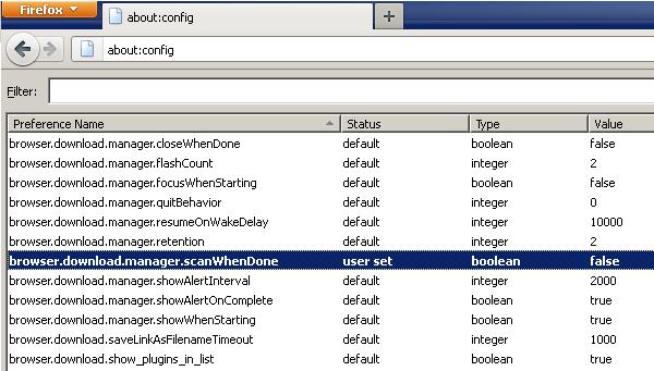Set browser.download.manager.scanWhenDone to false