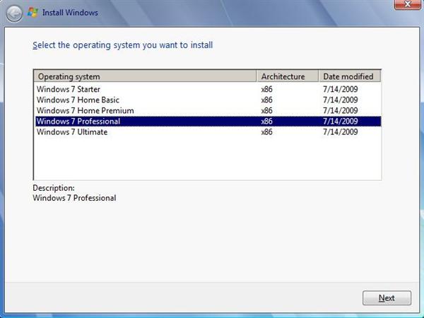 Select which version of Windows 7 you want to install
