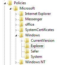 Navigate to: HKEY_CURRENT_USER\Software\Policies\Microsoft\Windows\Explorer