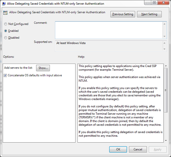 Allow Delegating Saved Credentials with NTLM-only Server Authentication