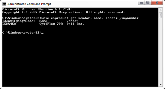 wmic csproduct get vendor, name, identifyingnumber