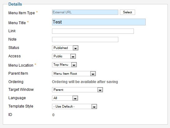 Joomla - External URL menu item