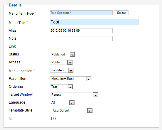 Joomla - Text Separator menu item