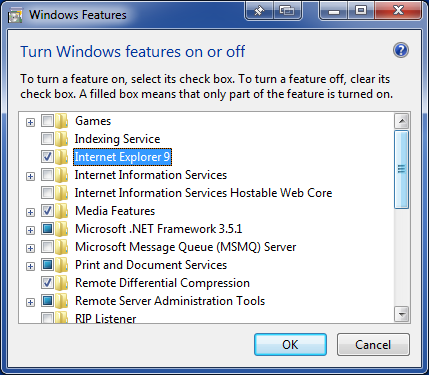 Turn Windows features on or off