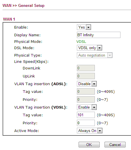 Draytek Vigor 2850n WAN > General Setup > WAN1