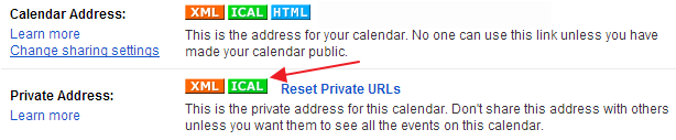 Google Calendar Settings - ICAL