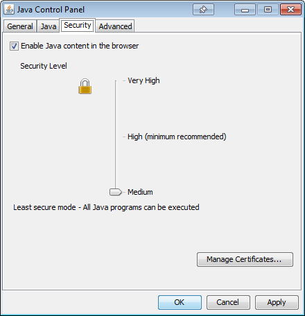 Java Control Panel - Security Level