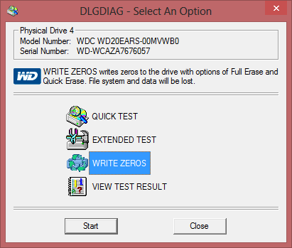 Western Digital LifeGuart Diagnostics - Write zeros