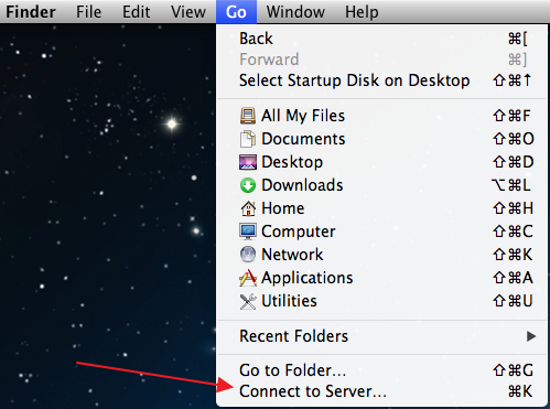Finder > Go > Connect to Server