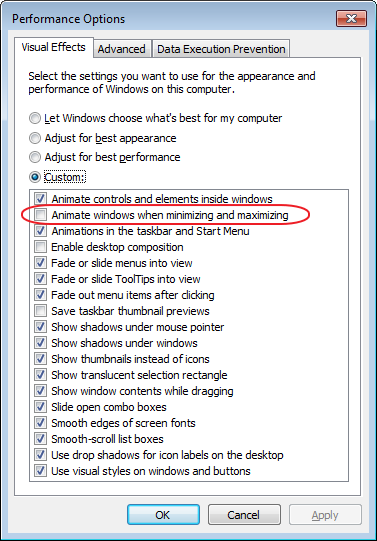 Performance Options > Visual Effects