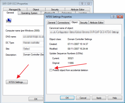 NTDS Settings Properties - Protect from accidental deletion