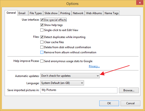 Disable Google Picasa auto updates