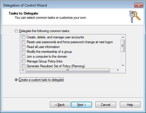 Delegation of Control Wizard - Tasks to Delegate