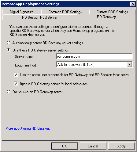 RemoteApp Deployment Settings