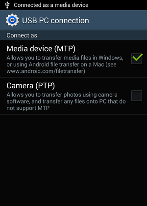 Samsung USB PC connection options