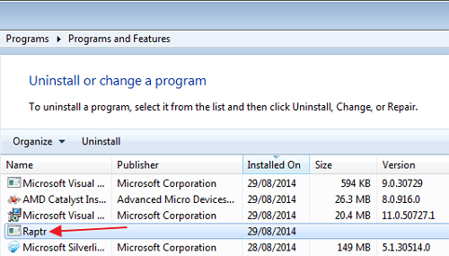 Programs and Features > Raptr