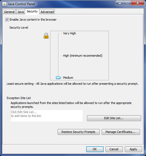 Java Control Panel > Security