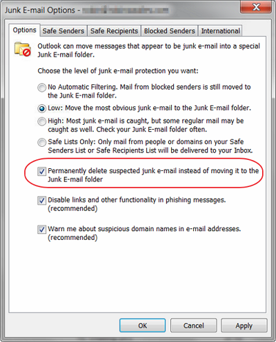 Outlook 2010 - Junk E-mail Options