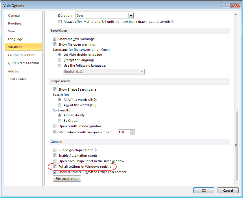 MS Visio Advanced Settings