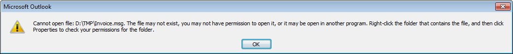MS Outlook error: Cannot open file