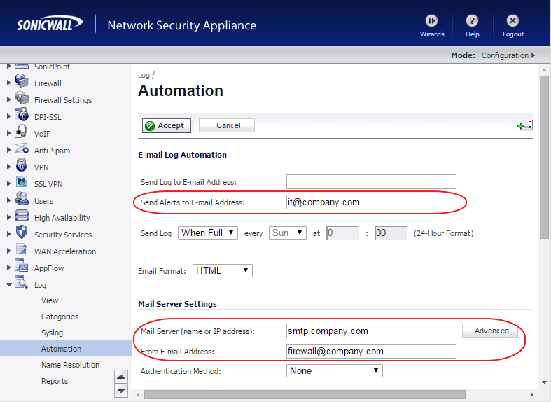 SonicWALL Log > Automation