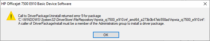 Call to Driver Package Uninstall returned error 5