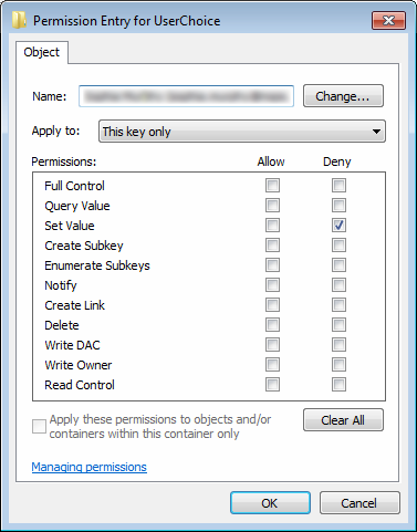 Registry Permission Entry for UserChoice key