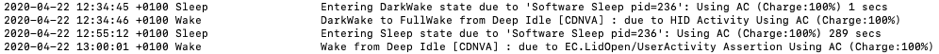 pmset -g log | egrep '\b(Sleep|Wake|Start)\s{2,}'