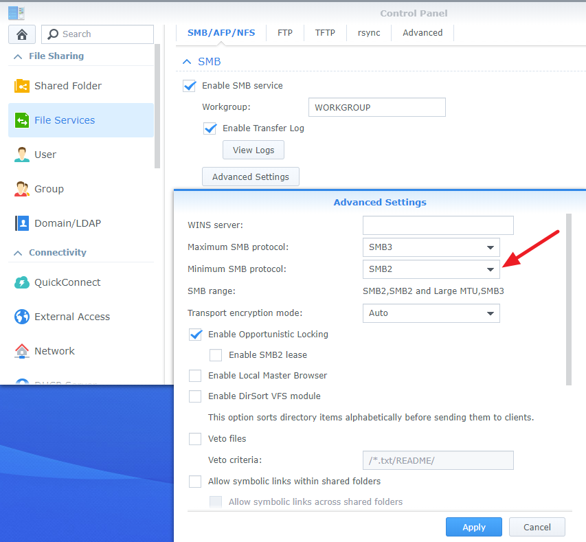 Synology NAS File Services > SMB > Advanced