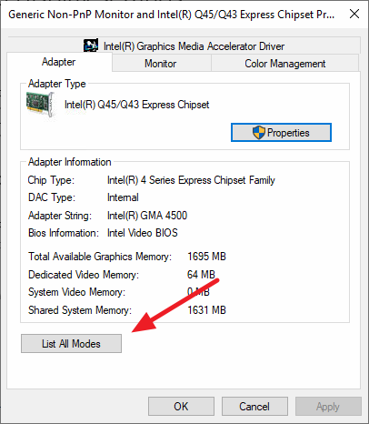 Display Adaptor Properties > List All Modes