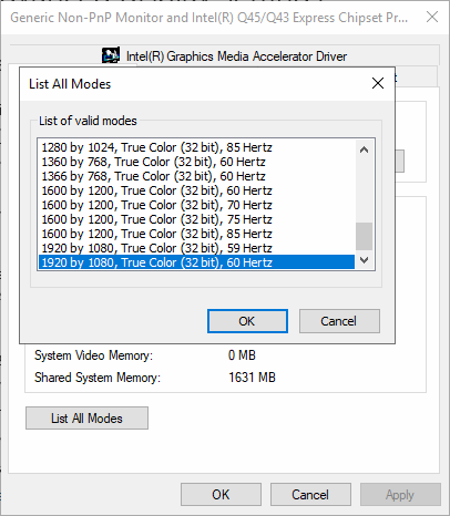 Display Adaptor Properties > List All Modes