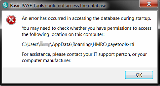 Basic PAYE Tools could not access the database