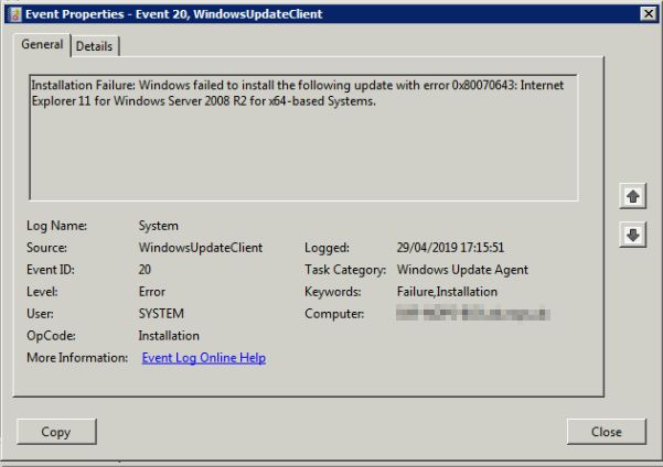 Windows failed to install the following update with error 0x80070643