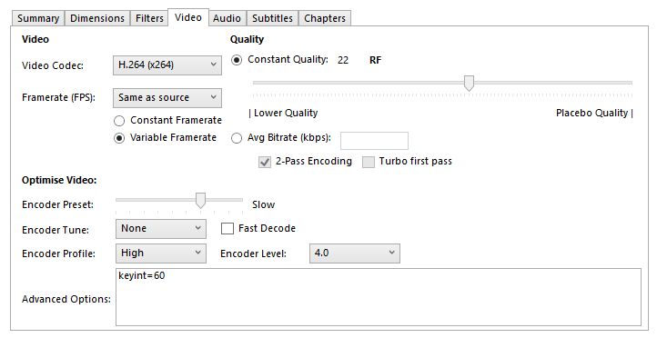 Handbrake Video > Advanced Options