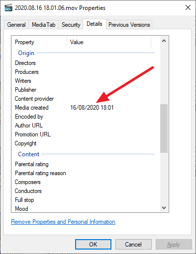 mov file properties