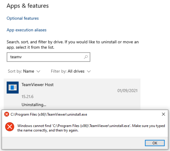 Windows cannot find TeamViewer\uninstall.exe