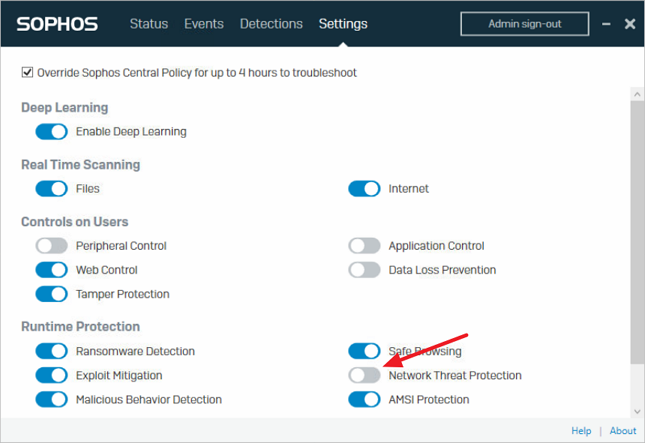 Disable Sophos Network Threat Protection