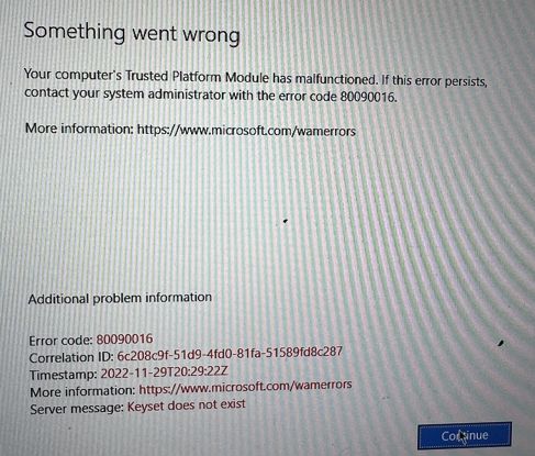 Your computer's Trusted Platform Module has malfunctioned