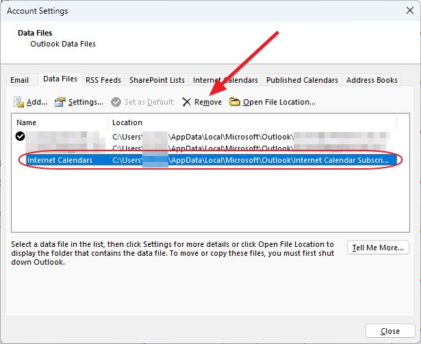 Outlook > Account Settings > Data Files