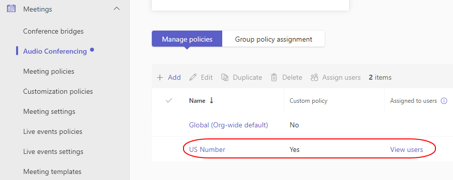 Microsoft 365 Teams Admin Centre > Meetings > Audio Conferencing