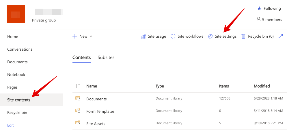 SharePoint > Site Contents > Site Settings