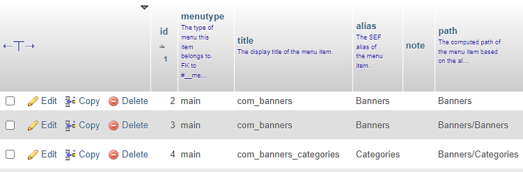 Joomla menu database table