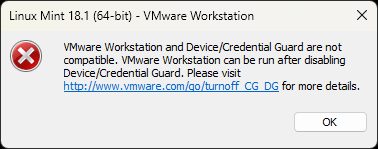 VMware Workstation and Device/Credential Guard are not compatible